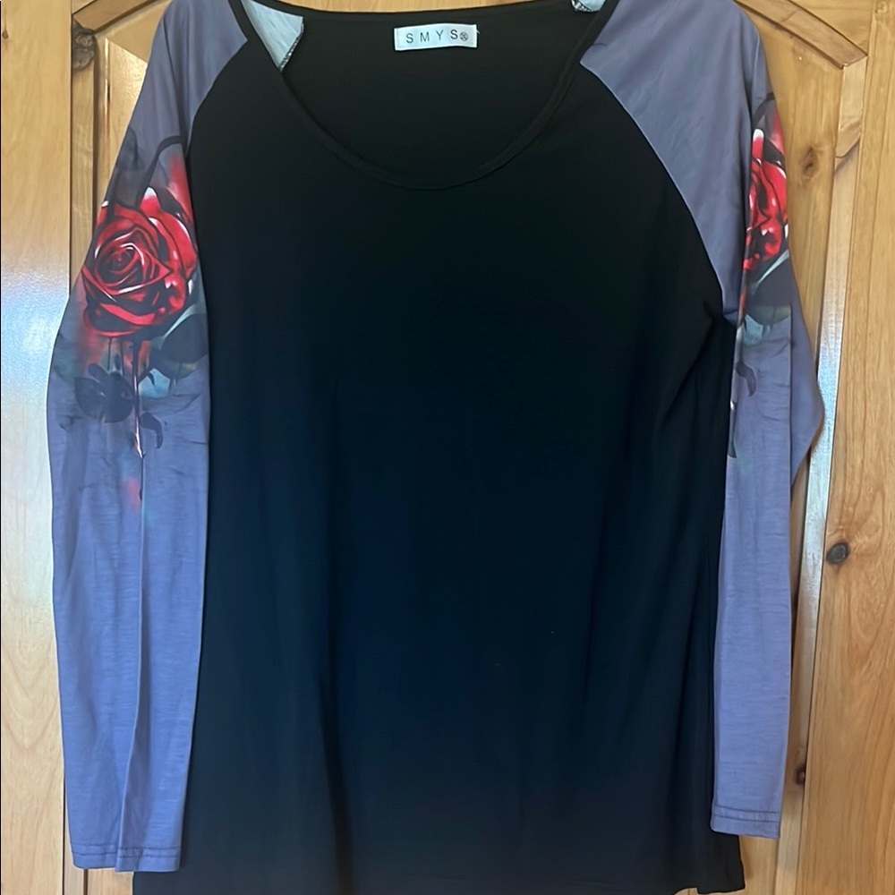 Black and Gray Women's Top with Red Floral Sleeves